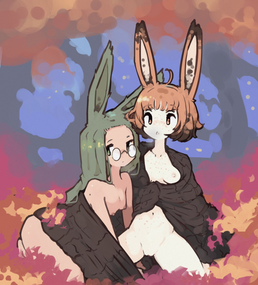 2girls breasts bunny_ears bunny_girl female female_only forest functionally_nude glasses green_eyes green_hair looking_at_viewer matcha_rollcake_(zako_sketch) multiple_girls orange_eyes orange_hair original outdoors outside pale-skinned_female pale_skin partially_clothed pumpkin_spice_(zako_sketch) pussy small_breasts zako zako_sketch