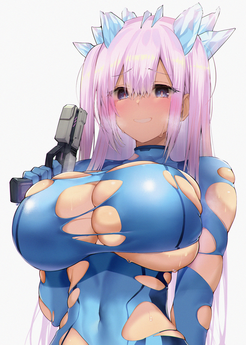 armadillo-tokage bangs blue_eyes blush bodysuit bursting_breasts eyebrows_visible_through_hair hair_ornament huge_breasts large_breasts long_hair metroid metroid_dread otoha_rilly pink_hair pistol satou_daiji smile standing sweat sweatdrop torn_bodysuit torn_clothes virtual_youtuber white_background zero_suit