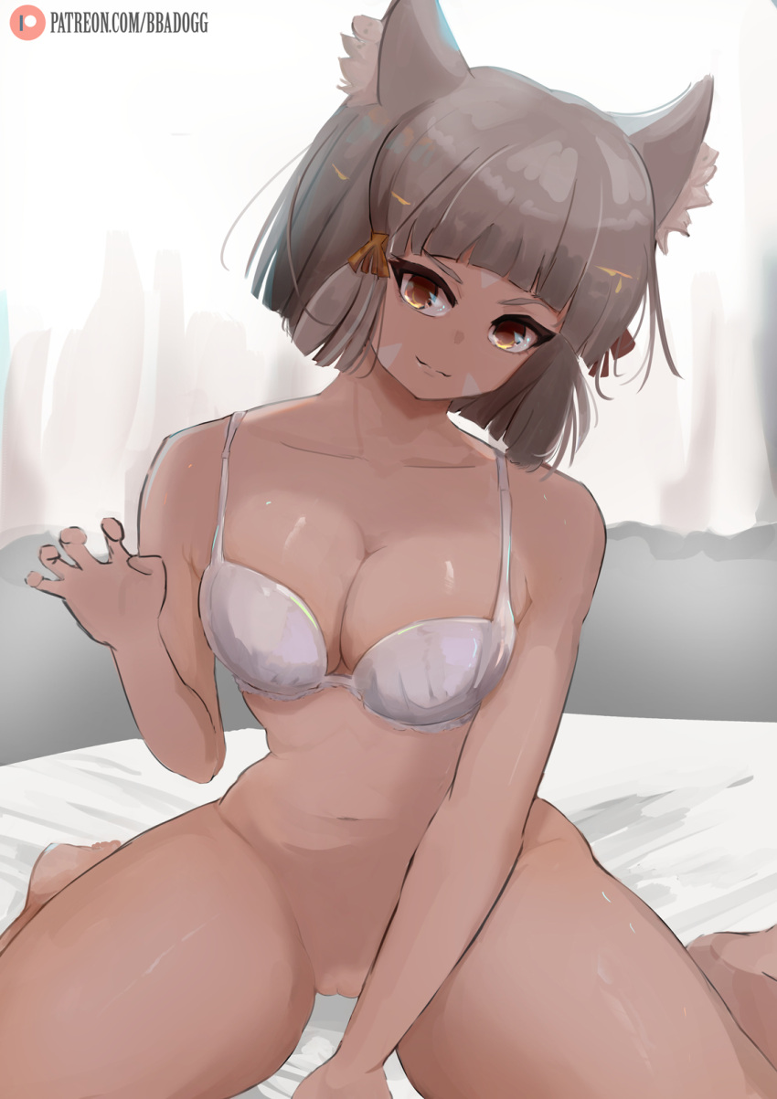 1girls animal_ear_fluff animal_ears artist_logo artist_name background bangs bbadogg bed blunt_bangs bra breasts cat_ears cleavage facial_mark female female_focus gem grey_hair hair_ribbon light-skinned_female light_skin lingerie looking_at_viewer nia nia_(xenoblade) no_panties shiny_skin smiling_at_viewer xenoblade_(series) xenoblade_chronicles_2 yellow_eyes yellow_ribbon young