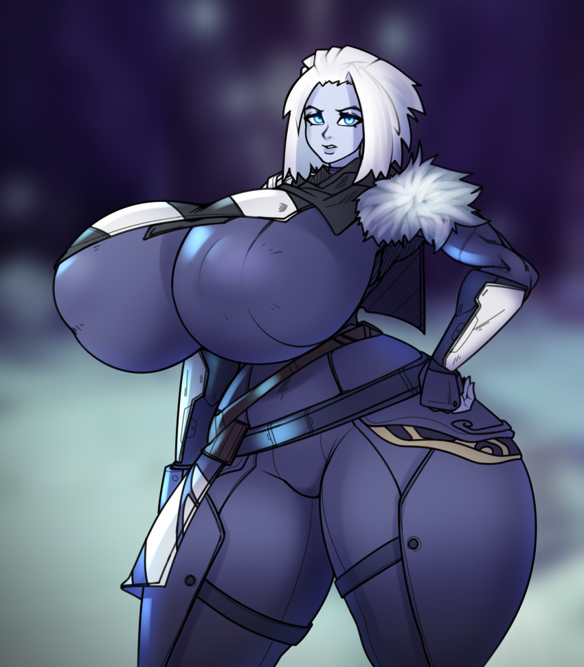 1girls alternate_body_type alternate_breast_size blue_eyes blue_skin bodysuit breasts bungie cleavage curvy destiny_(game) female female_only huge_breasts lewdreaper looking_at_viewer mara_sov puffy_nipples short_hair silver_hair skin_tight solo solo_female thick thick_thighs tight_clothing wide_hips