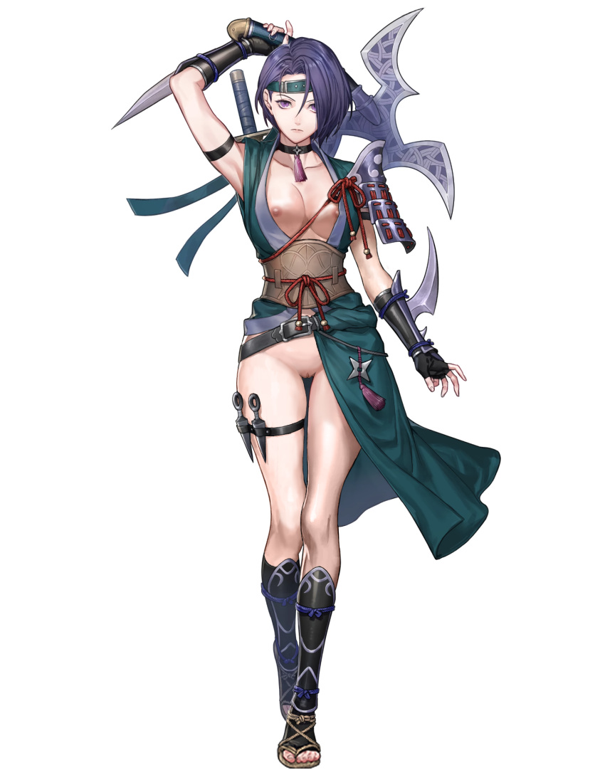 1girls alternate_costume alternate_version_available armpits bare_legs biggitybiggitybig blue_hair breasts breasts_out choker collarbone edit fingerless_gloves fire_emblem fire_emblem:_three_houses fire_emblem_heroes frown gloves hairless_pussy large_breasts looking_at_viewer ninja nintendo nipples no_panties nude_filter official_alternate_costume official_art purple_eyes pussy shamir_nevrand shamir_nevrand_(ninja) short_hair solo transparent_background uncensored weapon