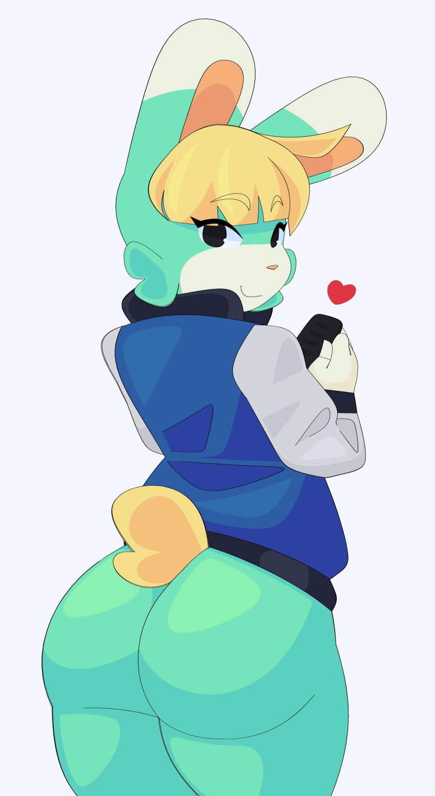 <3 1boy 1male absurd_res animal_crossing anthro anthro_only anthrofied antlers ass better_version_at_source big_ass big_butt black_eyes bottomless bubble_ass bubble_butt butt cellphone clothed clothing cotton_tail cyan_body cyan_fur cyan_skin cytrusawa eyebrow_through_hair eyebrows gay hair heart hi_res jacket lagomorph leporid looking_at_viewer looking_back male male_only mammal nintendo no_panties orange_ears phone presenting presenting_ass presenting_butt rabbit sasha_(animal_crossing) smile smiling smiling_at_viewer solo solo_male spanish_text text thick thick_ass thick_thighs three_tone_ears topwear translucent translucent_hair video_games white_ears white_fur wide_hips yellow_hair yellow_tail