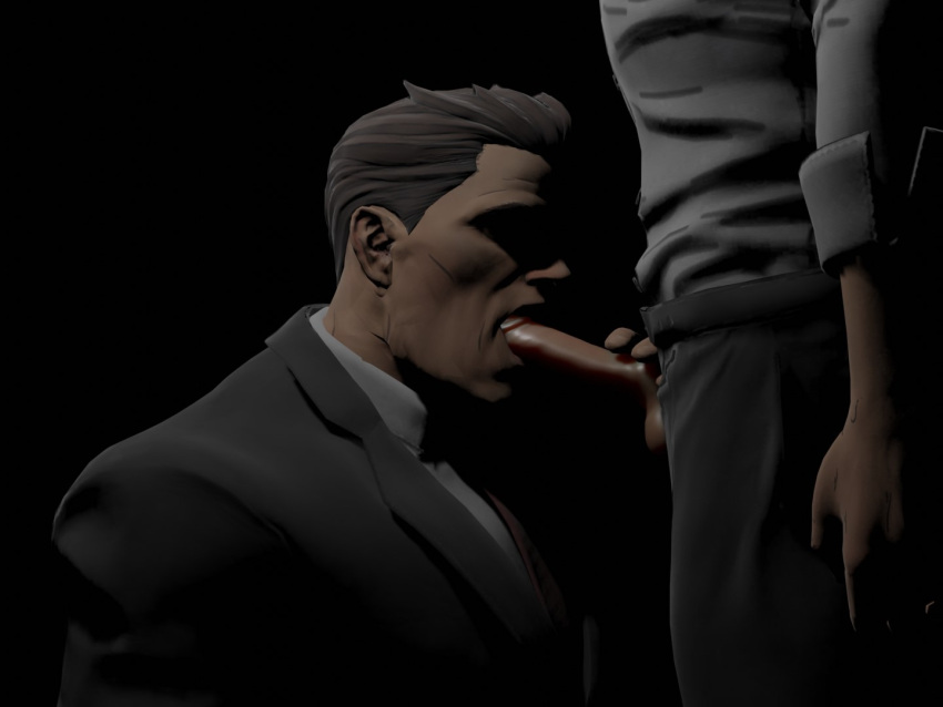 2boys batman batman:_the_telltale_series batman_(series) black_background blowjob bruce_wayne bruharvey clothed clothed_sex dark_lighting dc gay gay_sex harvey_dent male_on_male male_only oral oral_sex penis_out two-face warner_brothers