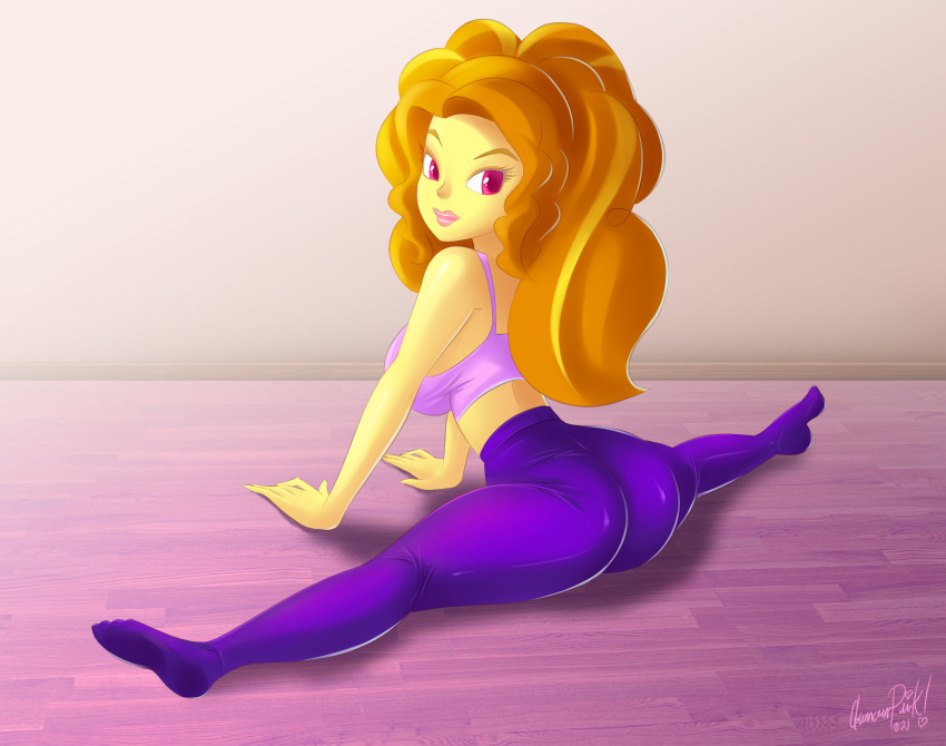 1girls adagio_dazzle ass breasts commission equestria_girls female flexible friendship_is_magic glamourpink hasbro hi_res highres looking_at_viewer looking_back my_little_pony solo solo_female splits sports_bra stocking_feet yoga_pants