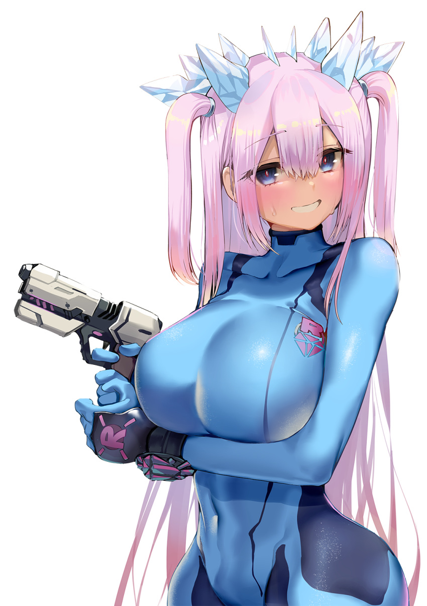 arm_under_breasts armadillo-tokage bangs blue_eyes blush bodysuit eyebrows_visible_through_hair hair_ornament huge_breasts large_breasts long_hair metroid metroid_dread navel otoha_rilly pink_hair pistol satou_daiji smile standing sweat sweatdrop twintails virtual_youtuber white_background wristband zero_suit