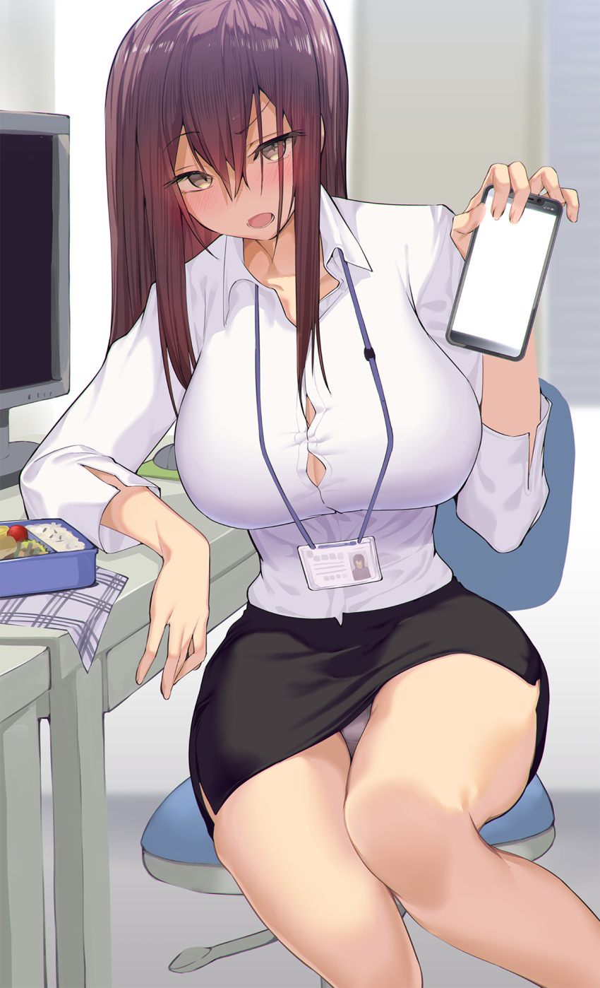 armadillo-tokage bangs bangs_over_eyes bento_box blush brown_hair bursting_breasts buttons computer eyebrows_visible_through_hair huge_breasts id_card large_breasts long_hair office office_chair office_lady open_mouth original original_character panchira panties pantyshot pantyshot_(sitting) pencil_skirt satou_daiji smartphone thick_thighs white_shirt yellow_eyes