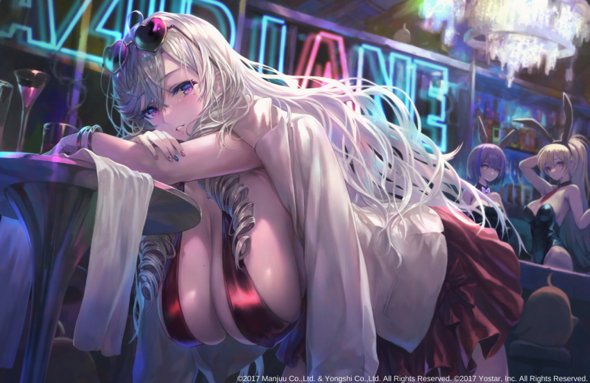 3girls algerie_(azur_lane) armpits azur_lane bar_counter bar_stool bare_arms bare_shoulders beauty_mark bird blonde_female blonde_hair bracelet bunny_ears bunny_girl bunnysuit chandelier cleavage collar drill_hair english_text female female_focus female_only gascogne_(azur_lane) glass hanging_breasts heart_sunglasses highres inner_sideboob jean_bart_(azur_lane) large_breasts leaning_forward leaning_over leotard long_hair looking_at_viewer looking_to_the_side mole mole_on_breast mole_under_eye neon_lights official_art open_clothes overflowing_breasts painted_nails pink_eyes sideboob skirt smile sunglasses sunglasses_on_head tagme white_hair yoshiku_(oden-usagi)