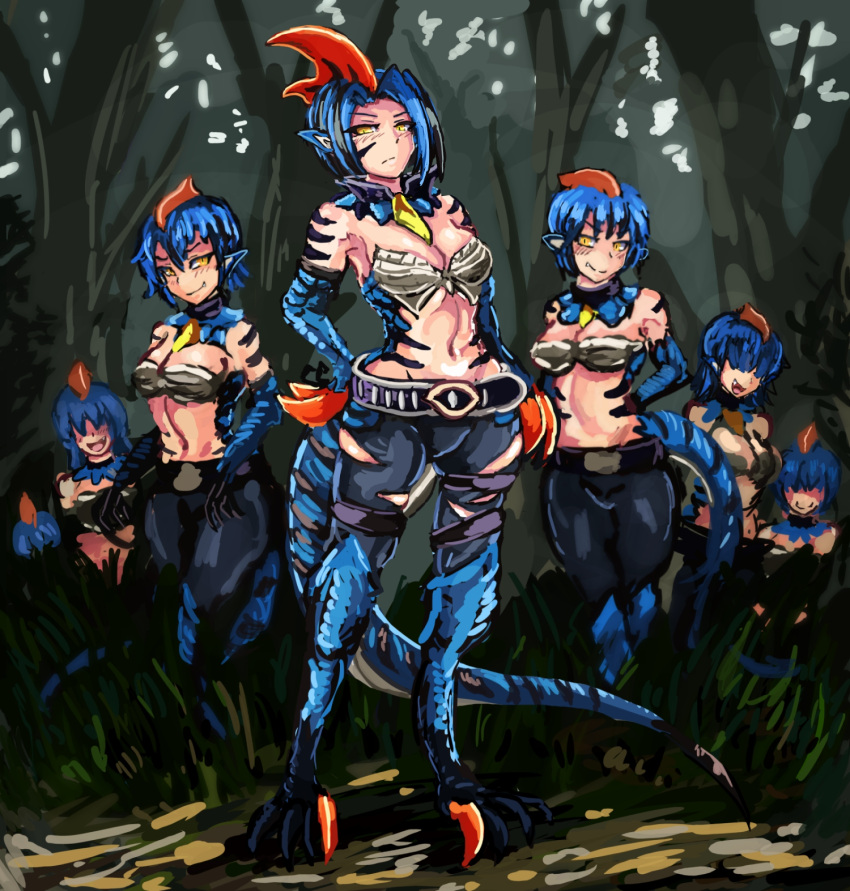 bare_midriff blue_hair capcom female_only gijinka humanized koburatuisut monster_girl monster_hunter multiple_girls navel tagme velocidrome velociprey