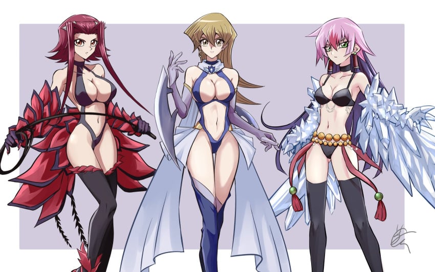 3girls akiza_izinski alexis_rhodes alternate_costume black_bra black_legwear black_panties black_stockings blonde_hair brown_eyes cleavage cya_mg dominatrix ear_piercing earrings female green_eyes high_ponytail izayoi_aki large_breasts looking_at_viewer luna_(yu-gi-oh!_zexal) medium_hair multiple_girls original pink_hair pointy_ears ponytail red_hair red_high_heels tenjouin_asuka thick_thighs thighhighs thighs uncensored underwear whip wide_hips yellow_eyes yu-gi-oh! yu-gi-oh!_5d's yu-gi-oh!_gx