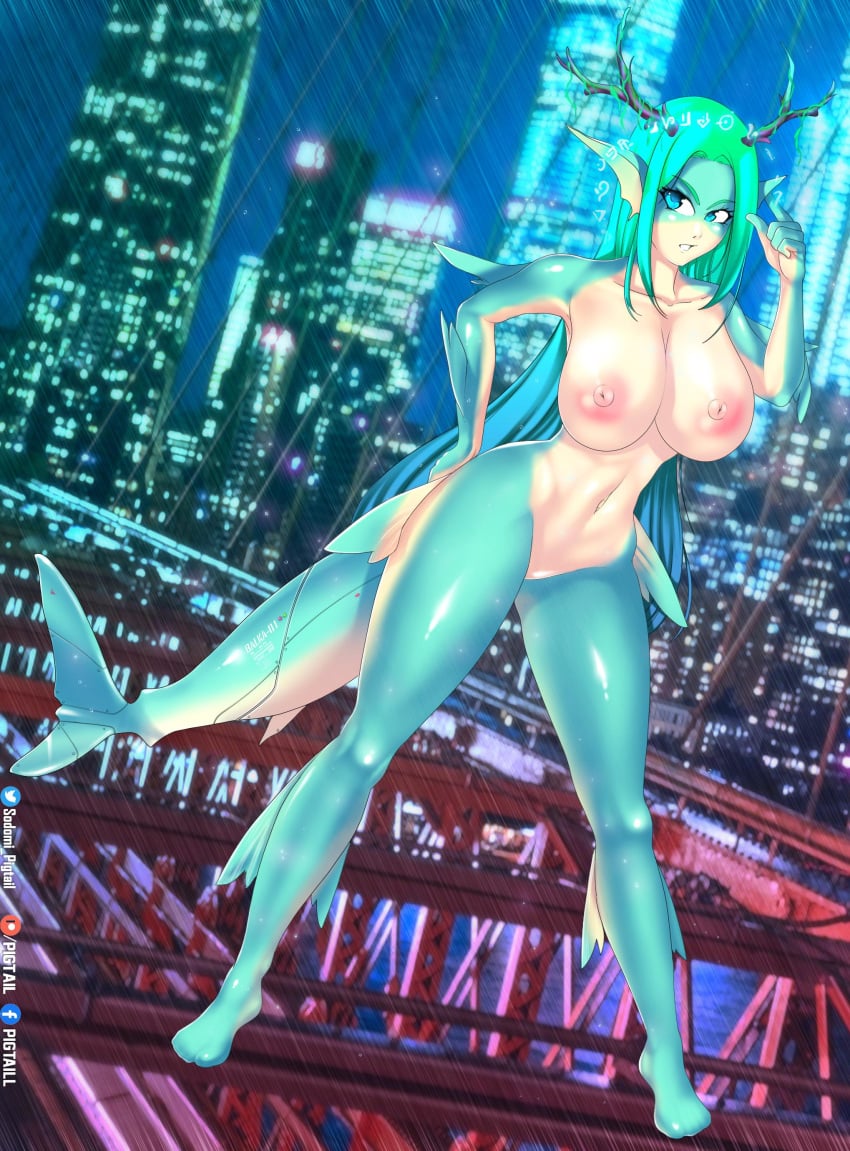 anthro blue_skin breasts cyan_hair monster_girl_encyclopedia nereid_(monster_girl_encyclopedia) nereida nipples shark shark_girl sodomi_pigtail succubus