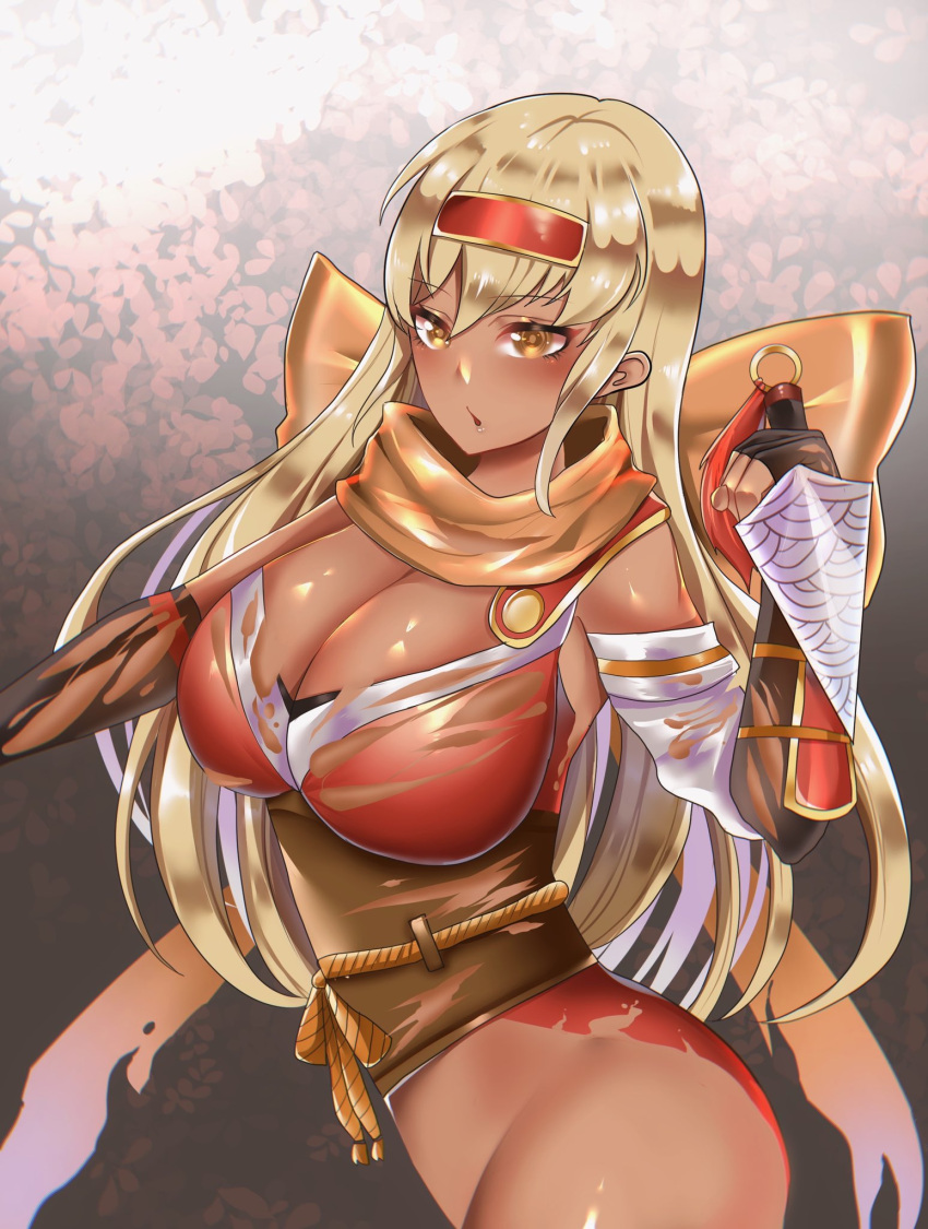 1girls alternate_costume ass bare_thighs blonde_hair bottomless breasts cleavage commission elbow_gloves fingerless_gloves fire_emblem fire_emblem:_the_binding_blade fire_emblem_heroes gloves huge_breasts igrene_(fire_emblem) igrene_(ninja)_(fire_emblem) knife looking_at_viewer ninja nintendo no_panties official_alternate_costume open_mouth solo thighs torn_clothes very_long_hair waihihi weapon yellow_eyes