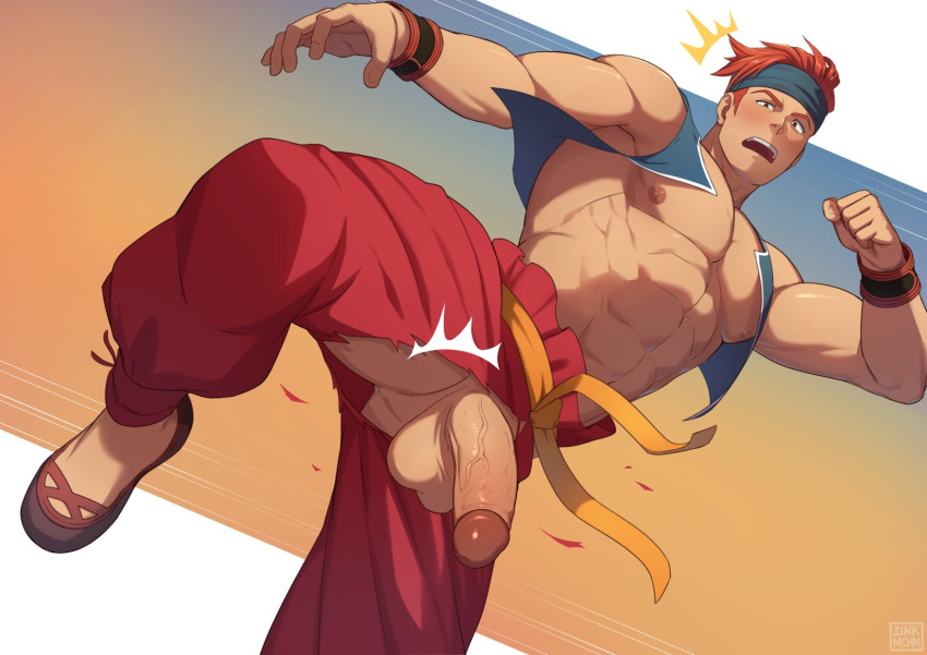 1boy abs clothed clothing embarrassed final_fantasy_tactics headband male male_focus male_only monk_(fft) muscle penis_out ripped_clothes ripped_clothing solo wardrobe_malfunction zink_(zink_mchn)