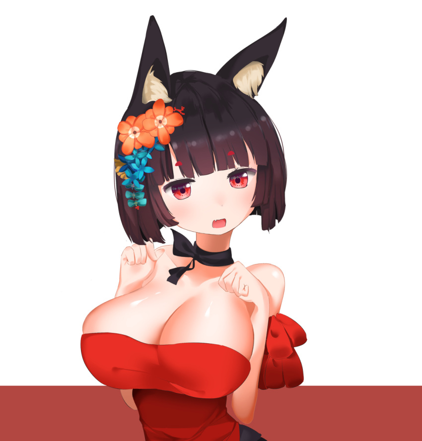 1girls alternate_costume animal_ears azur_lane big_breasts black_hair breasts cleavage huge_breasts light-skinned_female light_skin nicorima official_alternate_costume red_dress red_eyes sakura_empire_(azur_lane) yamashiro_(azur_lane) yamashiro_(dressy_black_cat)_(azur_lane)