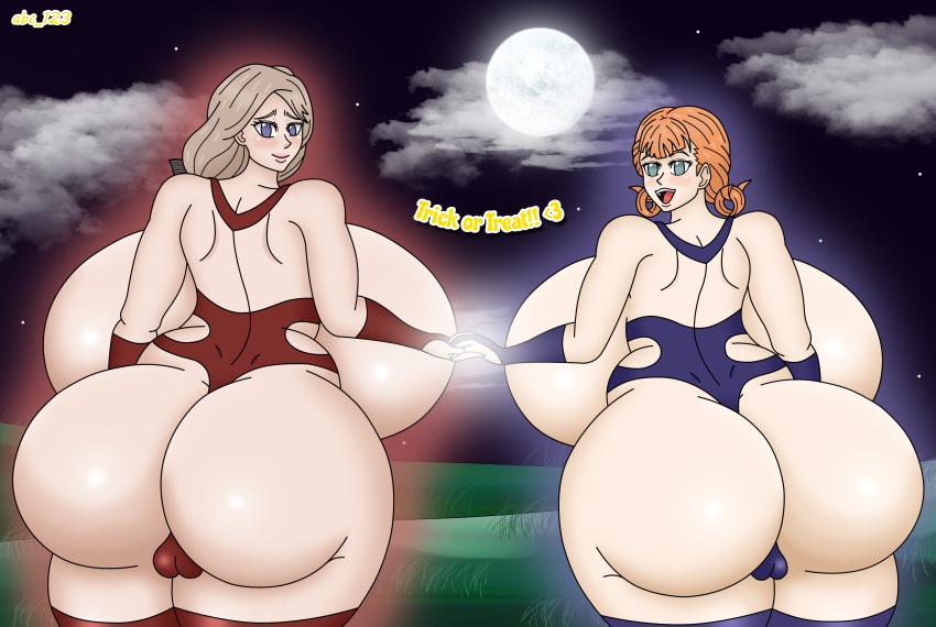 2girls abc_123 alternate_breast_size alternate_costume annette_fantine_dominic ass back back_view backboob bare_back bare_thighs blonde_hair blue_eyes breasts curvy english_text female female_only fire_emblem fire_emblem:_three_houses full_moon gigantic_breasts hair_over_shoulder halloween halloween_costume holding_hands huge_ass human hyper_breasts long_hair looking_at_viewer looking_back magic mercedes_von_martritz moon multiple_girls night nintendo open_mouth orange_hair outdoors partially_visible_vulva short_hair side_ponytail smile text thick_thighs thighhighs thighs trick_or_treat voluptuous witch