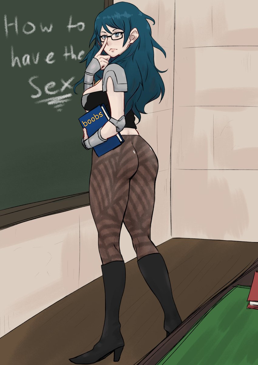 1girls ass blackboard blue_eyes blue_hair byleth_(fire_emblem) byleth_(fire_emblem)_(female) classroom cumdumpsonic fire_emblem fire_emblem:_three_houses from_behind glasses sex_ed sex_education sideboob tights