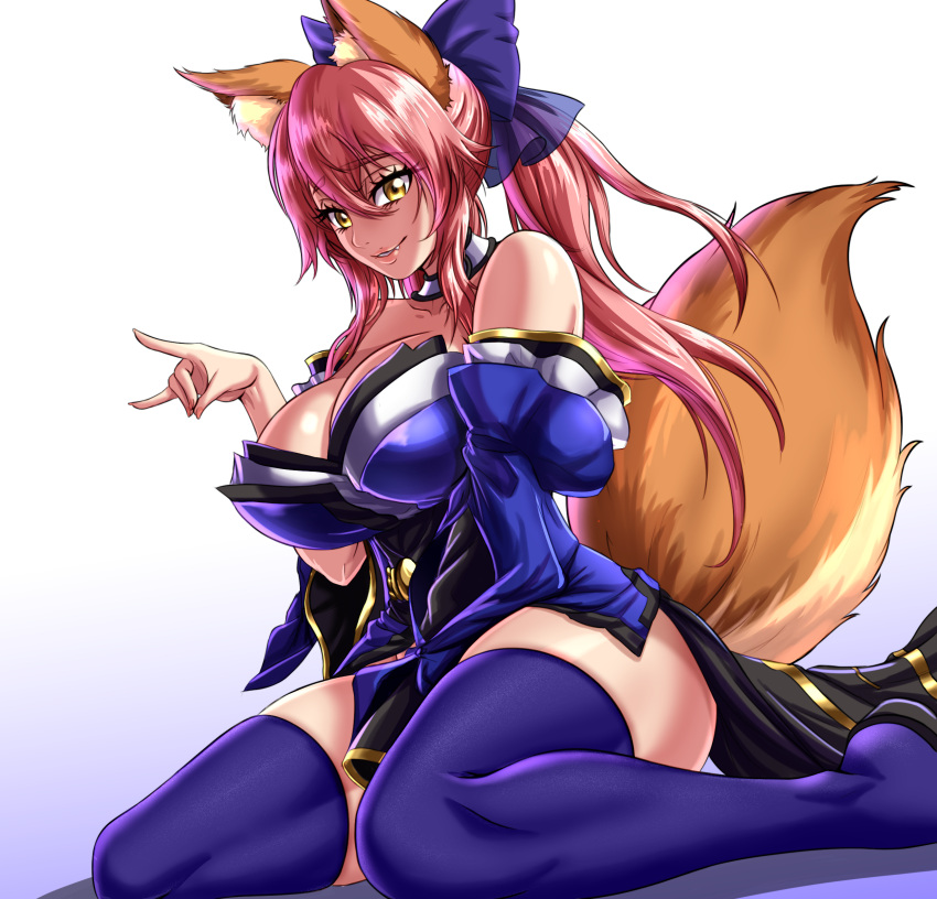 1girls absurd_res animal_ears animal_tail bare_shoulders blush busty child_bearing_hips clothed clothing curvaceous curvy fate/grand_order fate_(series) female female_focus female_only fox_ears fox_girl fox_tail hair_ornament hand_between_legs highres huge_ass huge_breasts inviting kitsune long_hair looking_at_viewer pink_hair ribbon seductive seductive_smile smile smiling_at_viewer solo solo_female suggestive tamamo_no_mae_(fate) thick thick_ass thick_thighs thighhighs voluptuous wide_hips yellow_eyes zantyarz