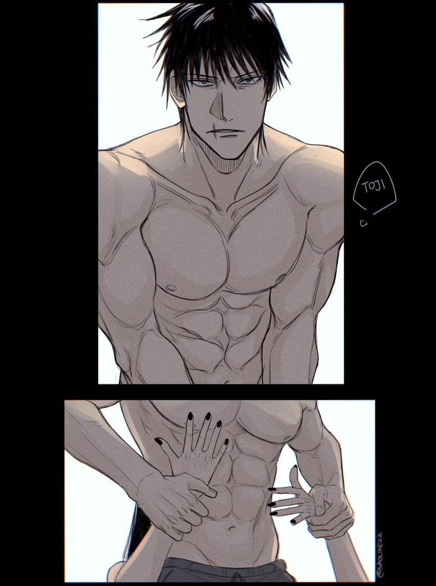 1boy 1dilf 1girls 1milf abdomen athletic_female bare_chest body dilf faceless_female female fit_male gay jujutsu_kaisen male male_abs male_focus muscles muscular muscular_male sensual solo_focus toji_fushiguro topless touching_abs