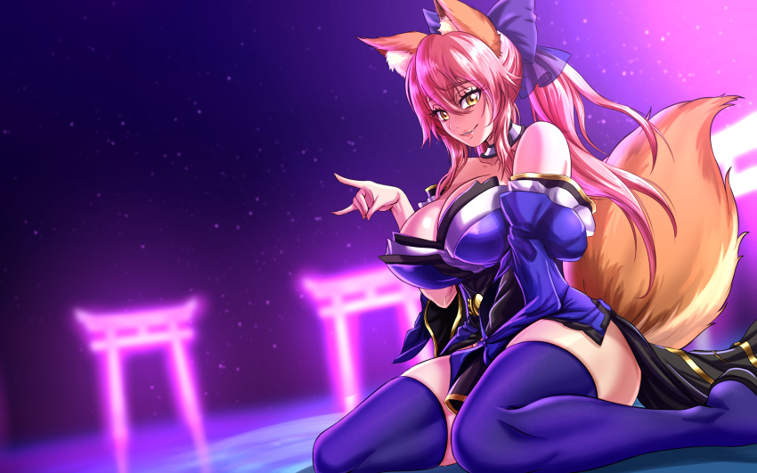 1girls absurd_res animal_ears animal_tail bare_shoulders blush busty child_bearing_hips clothed clothing curvaceous curvy detailed_background fate/grand_order fate_(series) female female_focus female_only fox_ears fox_girl fox_tail hair_ornament hand_between_legs highres huge_ass huge_breasts inviting kitsune long_hair looking_at_viewer pink_hair ribbon seductive seductive_smile smile smiling_at_viewer solo solo_female suggestive tamamo_no_mae_(fate) thick thick_ass thick_thighs thighhighs voluptuous wariza wide_hips yellow_eyes zantyarz