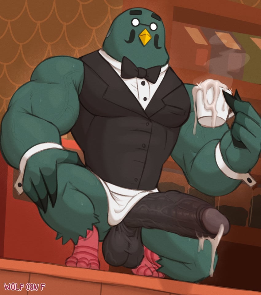 1boy 2021 animal_crossing anthro avian balls bird boner bow_tie brewster_(animal_crossing) clothing columbid detailed_background doubutsu_no_mori erection genitals hi_res humanoid_genitalia humanoid_penis inside male male_only master_(doubutsu_no_mori) mug muscular muscular_male nintendo penis pigeon shirt solo topwear video_games wolf_con_f