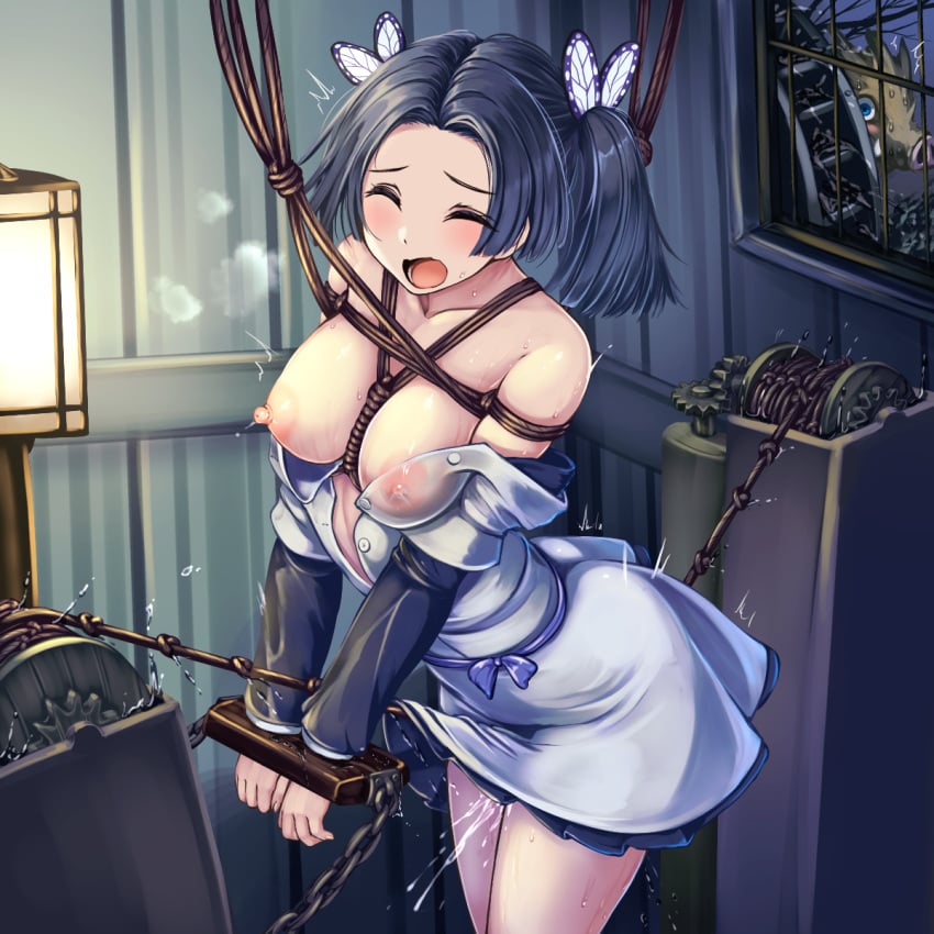 1girls apron bare_shoulders bead_sex_machine being_watched big_breasts black_hair blush bondage bound butterfly_hair_ornament chain_bondage chained chained_up chained_wrists chains crotch_rope demon_slayer detailed_background female female_focus femsub forced forced_orgasm handcuffs heavy_breathing inosuke_hashibira kanzaki_aoi_(kimetsu_no_yaiba) kimetsu_no_yaiba knotted_rope lantern long_sleeves monikano nipples_visible_through_clothing off_shoulder one_breast_out open_clothes open_mouth orgasm pussy_juice restrained restrained_wrists rope_bondage rope_walking sex_machine shibari solo_focus squirting sweat thin_female twintails visible_breath water_wheel wet wet_clothes window