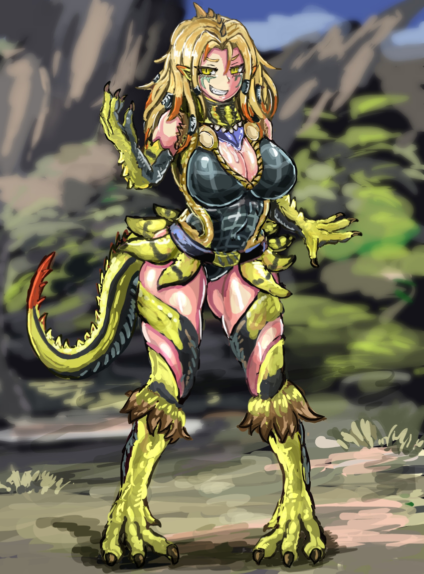 big_breasts blonde_hair capcom claws cleavage fanged_wyvern gijinka great_jagras huge_breasts koburatuisut monster_girl monster_hunter monster_hunter_world reptile source_request tagme tail thick_thighs year_request