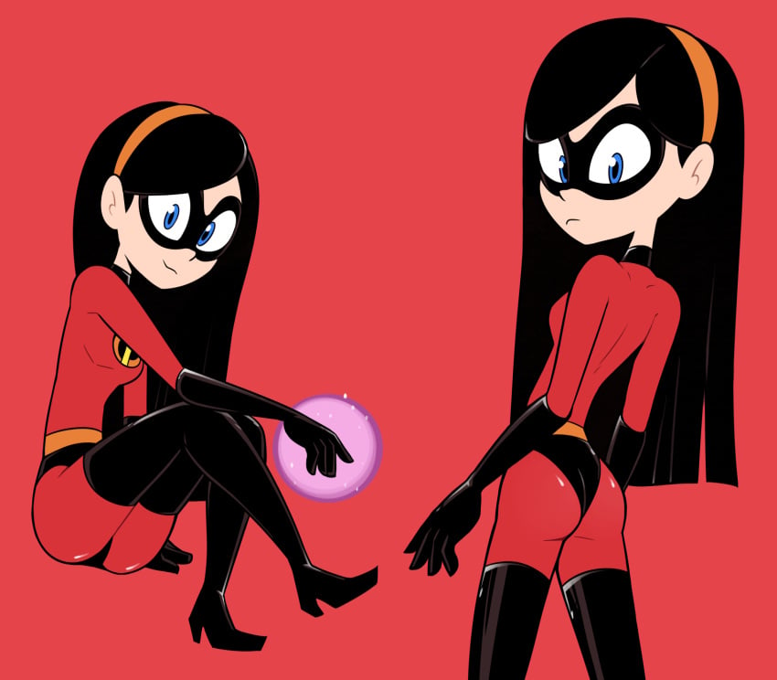 ass black_hair blue_eyes disney female jumpsuit miscon pin-up pinup pixar red_background smooth_skin solo tagme the_incredibles violet_parr