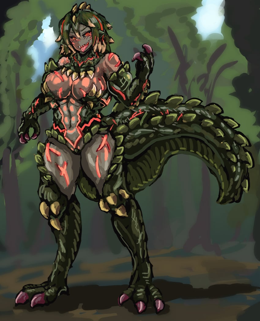 abs alternate_version_available big_breasts capcom cleavage deviljho dinosaur female gijinka huge_breasts humanoid koburatuisut monster_girl monster_hunter muscular muscular_female reptile savage_deviljho solo solo_female thick_thighs