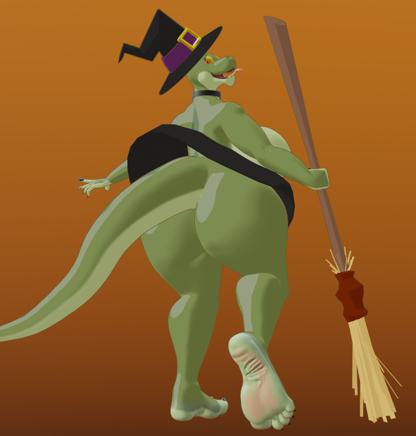 3d_(artwork) anthro big_breasts big_feet boa_(snake) breasts clothing costume curvy_figure digital_media_(artwork) feet female foot_focus green_body halloween hat headgear headwear hi_res holidays i2lsx margret_stalizburg reptile scalie snake soles solo thick_thighs voluptuous witch_hat yellow_eyes