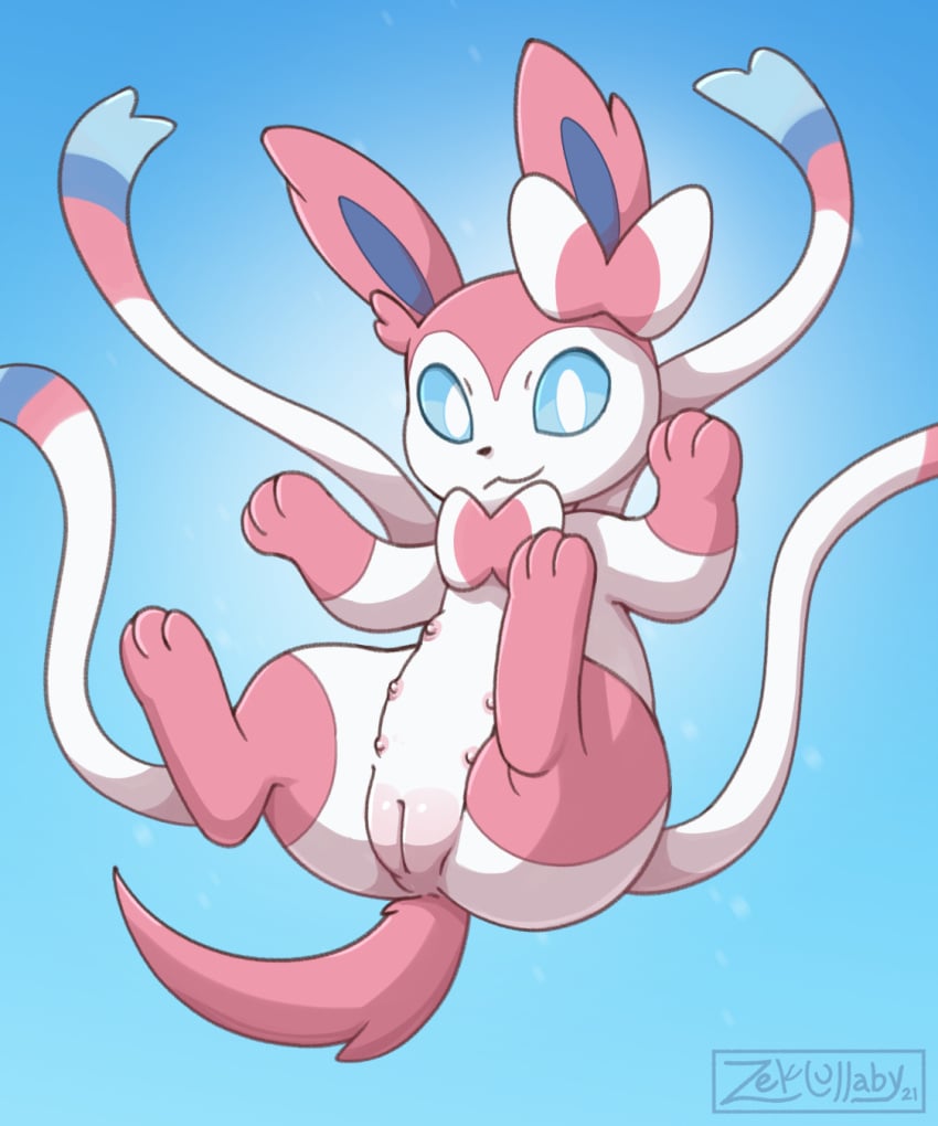 digital_media_(artwork) eeveelution female feral fur genitals hi_res humanoid_genitalia looking_at_viewer mammal multi_nipple nintendo nipples pokémon_(species) pokemon pokemon_(species) pussy ribbons simple_background smile solo sylveon video_games white_body white_fur zeklullaby