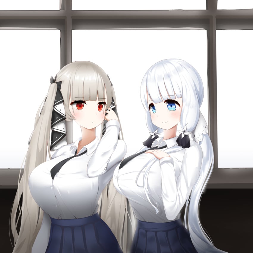 2girls azur_lane big_breasts blue_eyes blush eyebrows_visible_through_hair female formidable_(azur_lane) illustrious_(azur_lane) light_skin long_hair long_sleeves multiple_girls necktie nicorima red_eyes tagme tucked_shirt white_hair