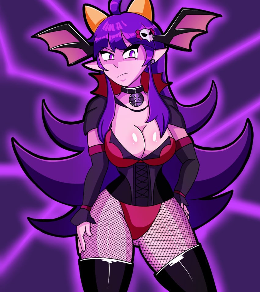 >:( breasts female female_focus female_only fishnets hand_on_thigh light-skinned_female long_hair original_character purple_eyes purple_hair robveemo solo solo_female thick_thighs thighhighs thighs violentine_(sarukaiwolf) voluptuous