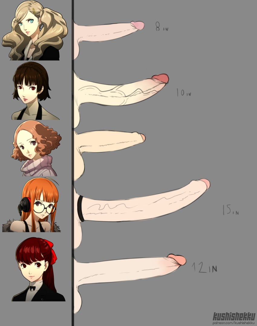 5futas ann_takamaki balls big_penis casual cock_ring erection eyewear futa_only futanari genitalwear haru_okumura huge_cock human intersex kasumi_yoshizawa kushishekku makoto_niijima measurements megami_tensei pale_skin penis penis_lineup penis_size_chart penis_size_comparison penis_size_difference persona persona_5 phantom_thieves sakura_futaba sumire_yoshizawa testicles uncensored