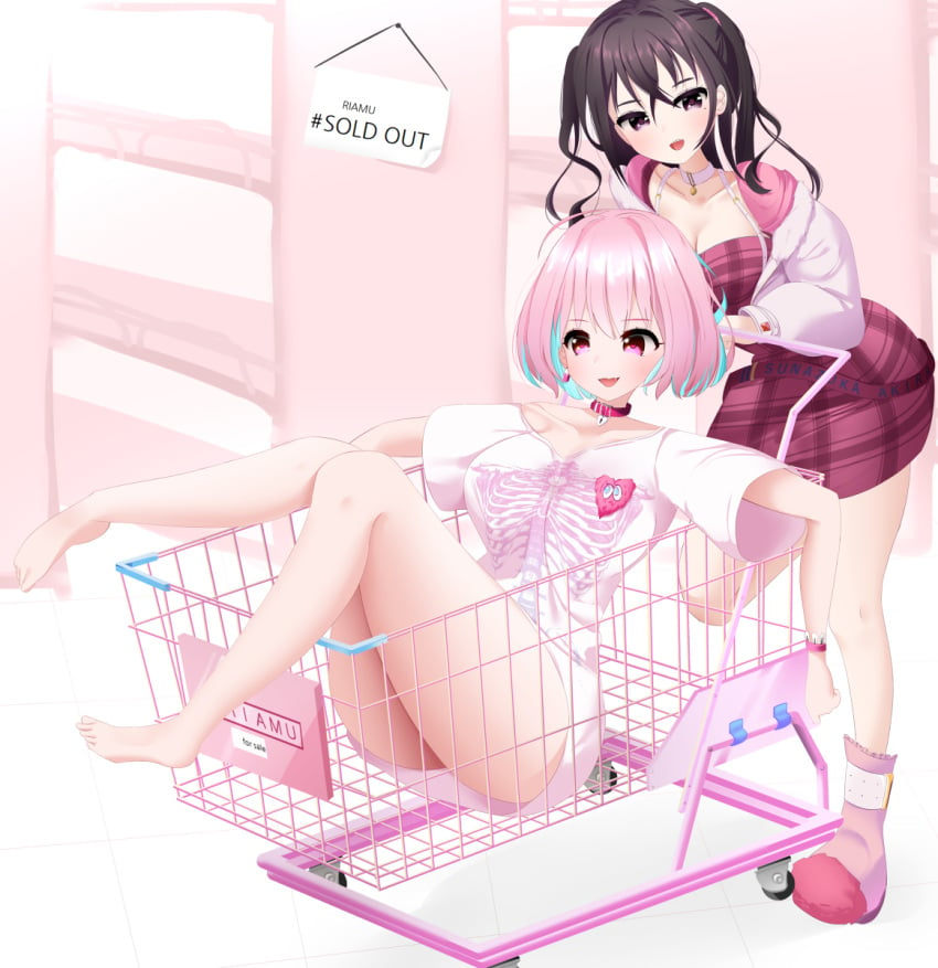 2girls barefoot big_breasts cleavage feet female female_only idolmaster idolmaster_cinderella_girls light_skin multiple_girls nicorima pink_eyes shopping_cart short_sleeves sunazuka_akira tagme thighs yumemi_riamu