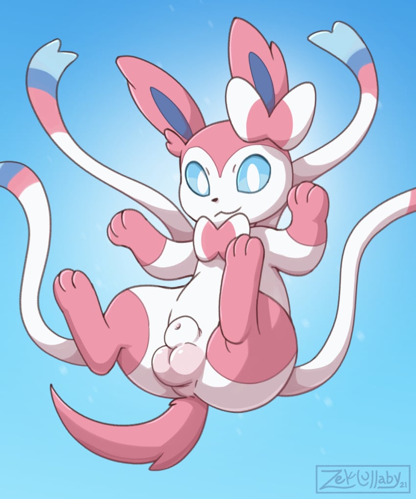 animal_genitalia balls digital_media_(artwork) eeveelution feral fully_sheathed fur genitals hi_res looking_at_viewer male male_only male_sylveon mammal nintendo penis pokémon_(species) pokemon pokemon_(species) ribbons sheath simple_background smile solo sylveon video_games white_body zeklullaby