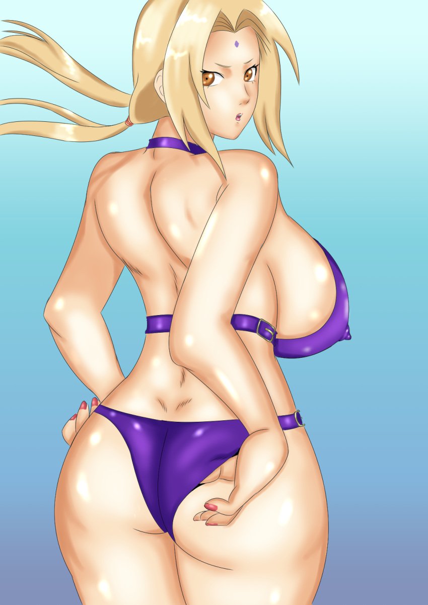 adjusting_swimsuit ass backless backless_outfit bare_legs bare_shoulders big_ass big_breasts blonde_hair breasts brown_eyes female female_only from_behind hourglass_figure huge_breasts large_breasts lipstick looking_at_viewer looking_back makeup nail_polish naruto naruto_(series) naruto_shippuden one-piece_swimsuit purple_swimsuit revealing_swimsuit sideboob solo solo_focus stnkwbm9457 swimsuit tied_hair tsunade twintails voluptuous wide_hips