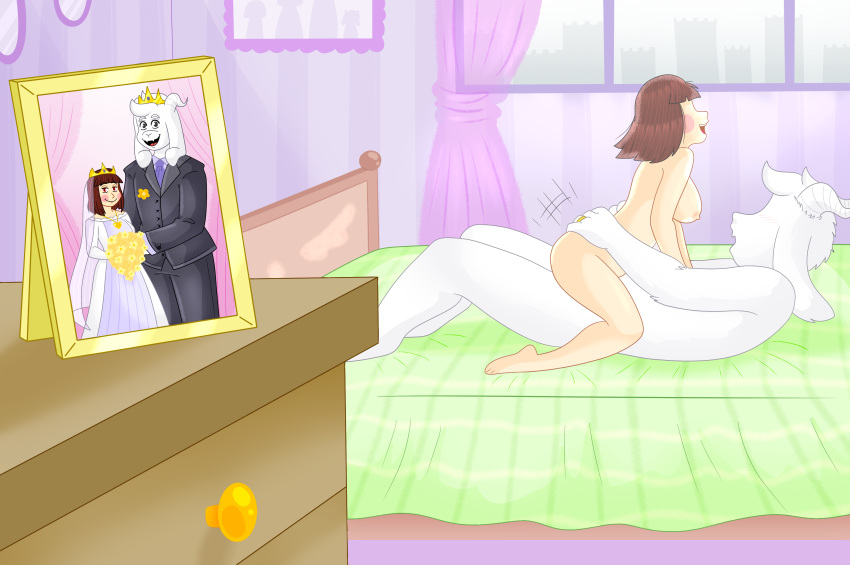 1boy 1girls anthro anthro_on_human asriel_dreemurr bedroom big_breasts brown_hair chara enjoying female_human femsub goat human human_on_anthro male/female male_anthro male_anthro/female_human maledom married_couple rainy_(artist) riding riding_penis romantic romantic_couple smiling undertale wholesome