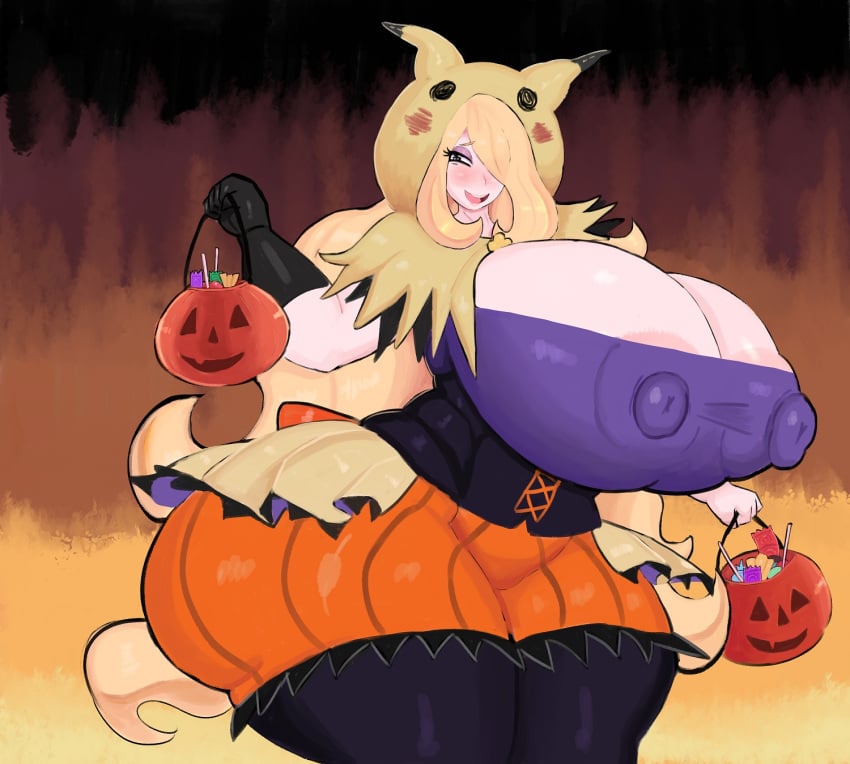 1girls alternate_breast_size areola_slip big_breasts blonde_hair blush breasts candy condom costume cynthia_(pokemon) erect_nipples erect_nipples_under_clothes eyelashes female female_only grey_eyes hair_over_one_eye halloween halloween_costume huge_breasts human human_only long_hair mimikyu_(cosplay) nintendo open_mouth pokemon pokemon_(cosplay) pokemon_dppt sath15 smile solo solo_female standing thick_thighs very_long_hair voluptuous wide_hips