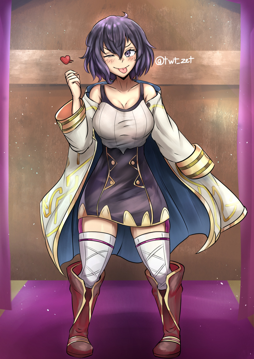 1girls ;p alternate_breast_size blush boots breasts cleavage coat female_only fire_emblem fire_emblem_awakening fire_emblem_heroes kiran_(fire_emblem)_(cosplay) large_breasts morgan_(fire_emblem) morgan_(fire_emblem)_(female) nintendo short_hair smile solo tongue tongue_out wink zet_(twt_zet)