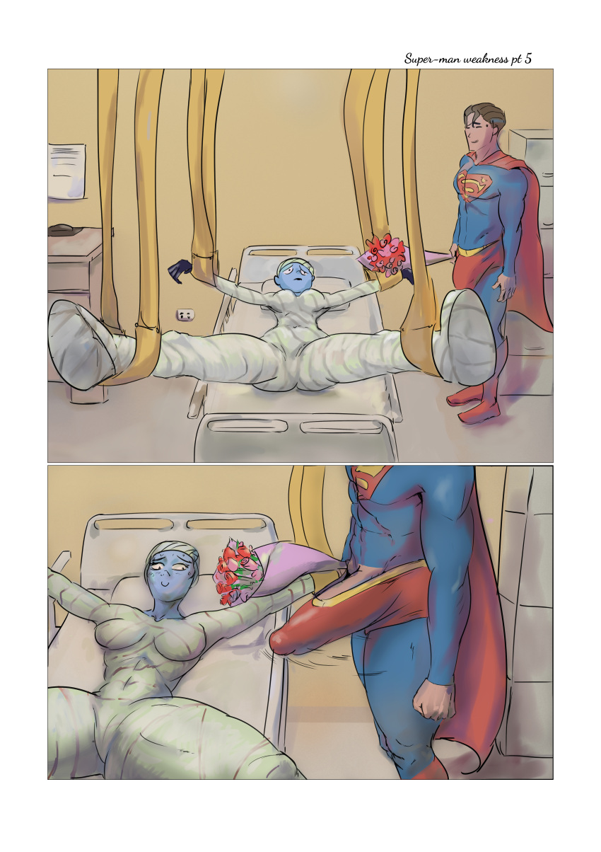 1girls big_penis blue_skin breasts clark_kent comic_page dc embarrassed flowers full_body full_body_cast good_end hospital hospital_bed hospital_room huge_cock livewire penis reissence superhero superman superman_(series) supervillainess worth_it