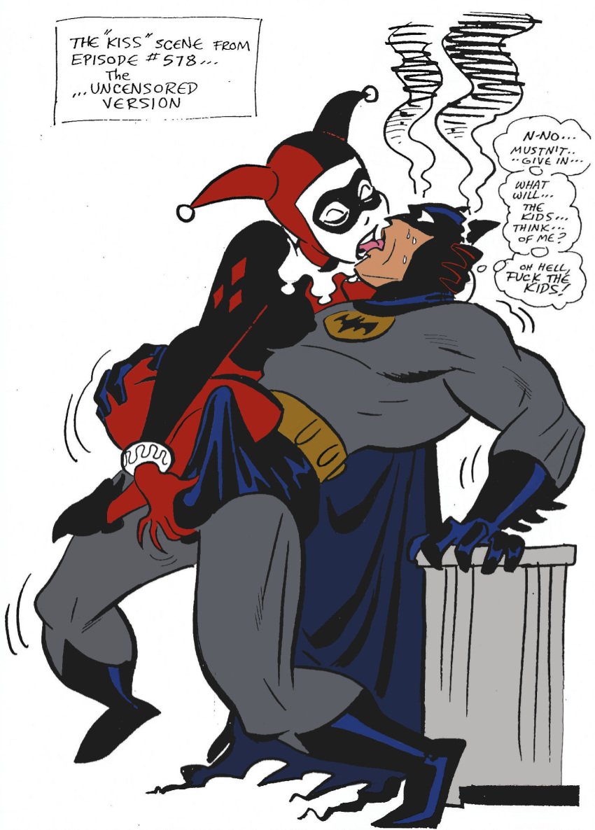 1boy 1girls ass_grab assertive_female ball_fondling ball_grab batman batman:_the_animated_series batman_(series) bruce_timm bruce_wayne dc dc_comics dcau dialogue edit english_text erect_penis erection erection_under_clothes female femdom french_kiss french_kissing harley_quinn harley_quinn_(classic) kissing making_out male straight superhero supervillainess text thought_bubble worth_it