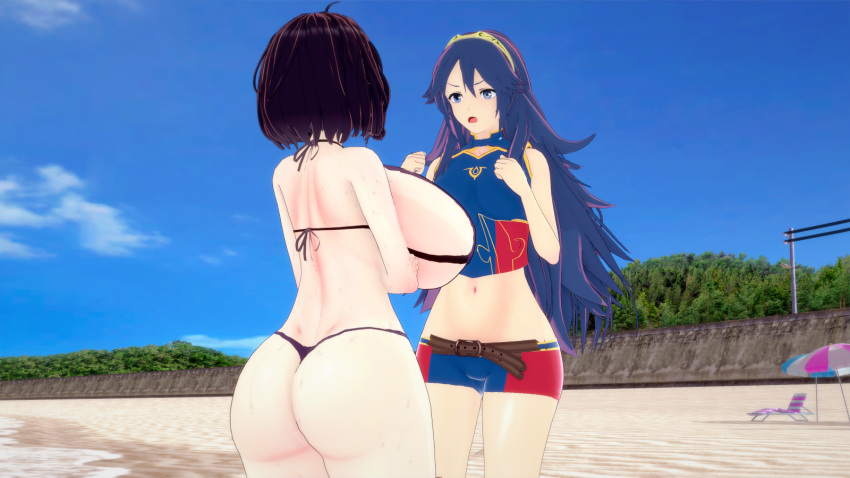 3d alternate_breast_size ass beach big_breasts bikini fire_emblem fire_emblem_awakening fire_emblem_cipher huge_breasts lucina_(fire_emblem) lucina_(summer)_(fire_emblem) morgan_(fire_emblem) morgan_(fire_emblem)_(female) nintendo ocean outdoors outside purple_hair rhcpftw sand short_hair sideboob sweat swimsuit swimwear tagme thighs wet wide_hips