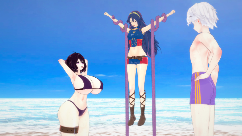 3d alternate_breast_size arms_behind_head beach big_breasts bikini father_and_daughter fire_emblem fire_emblem_awakening fire_emblem_cipher huge_breasts lucina_(fire_emblem) lucina_(summer)_(fire_emblem) morgan_(fire_emblem) morgan_(fire_emblem)_(female) nintendo ocean outdoors outside purple_hair restrained rhcpftw robin_(fire_emblem) robin_(fire_emblem)_(male) short_hair swimsuit swimwear tagme thighs water wide_hips