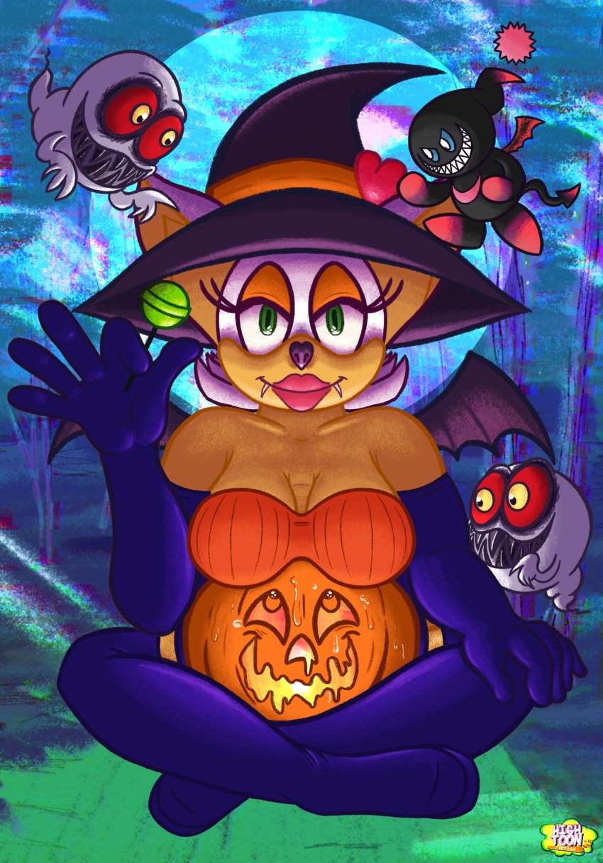 abstract_background anthro armwear bat batwings boo_(sonic) breasts chao_(sonic) cleavage clothed dark-skinned_female dark_chao eyelashes eyeshadow fangs ghost green_eyes halloween halloween_costume highres hightooncartoon jack-o'-lantern large_breasts lips lipstick lolipop looking_at_viewer orange_eyeshadow pumpkin rouge_the_bat sega sonic_(series) sonic_the_hedgehog_(series) sweat thigh_boots witch_hat