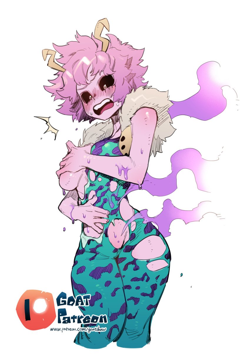 ability_indecency absurd_res acid black_sclera bodily_fluids breast_grab breast_squish breasts clothing female goatdraw hand_on_breast hero_outfit_(mha) hi_res horn humanoid melting_clothes mina_ashido my_hero_academia nervous open_mouth pink_body pink_skin solo squish steam surprise sweat wardrobe_malfunction