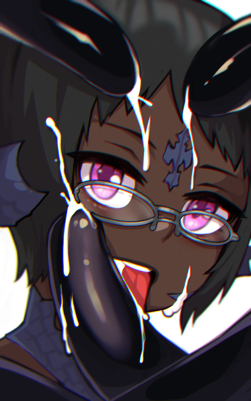 an'nah_souleater au_ra black_hair blowjob cum dark-skinned_female final_fantasy final_fantasy_xiv glasses looking_at_viewer magnifire multiple_penises pink_eyes scales short_hair tentacle tongue_out xaela