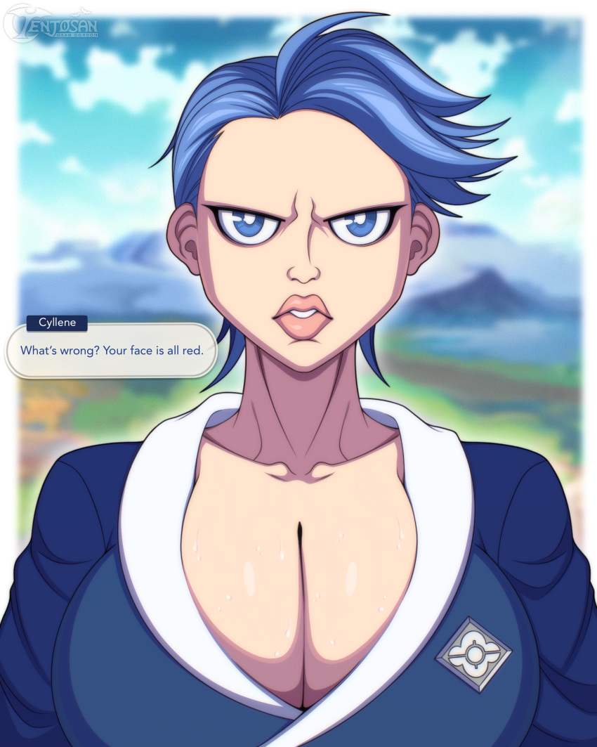 big_breasts blue_eyes blue_hair cyllene dialogue female female_only plump_lips pokemon pokemon_legends:_arceus shimaboshi_(pokemon) sweaty_breasts tenjosan text