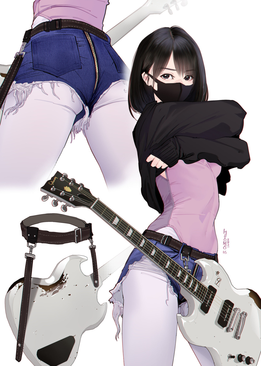 1girls absurdres arms_up artist_name ass ass_zipper bangs belt black_eyes black_hair black_sweater blue_shorts covered_navel cowboy_shot cropped_legs cutoffs electric_guitar eyebrows_visible_through_hair female guitar highres hitomi_o instrument leotard leotard_under_clothes long_sleeves looking_at_viewer mask mouth_mask multiple_views original pantyhose pink_leotard short_hair short_shorts shorts signature simple_background sleeves_past_wrists sweater undressing v-shaped_eyebrows white_background white_legwear