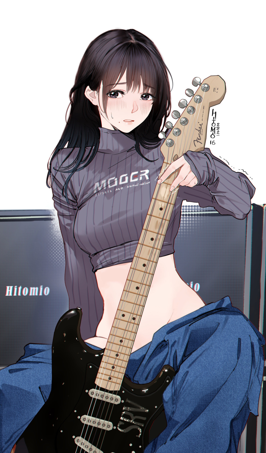 1girls absurdres artist_name breasts brown_eyes brown_hair crop_top denim eyebrows_visible_through_hair female fender_(brand) fender_stratocaster guitar guitar_little_sister_(hitomi_o) hair_between_eyes highres hitomi_o instrument long_hair long_sleeves looking_at_viewer looking_to_the_side midriff original pale_skin pants parted_lips ribbed_sweater simple_background sitting sleeves_past_wrists solo suggestive sweatdrop sweater trembling turtleneck turtleneck_sweater white_background