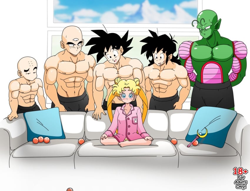 1girls 5boys abs athletic athletic_male big_eyes bishoujo_senshi_sailor_moon blonde_hair blue_eyes blush botbot clothing couch crossover dragon_ball dragon_ball_(object) dragon_ball_z female front_view imminent_gangbang imminent_sex krillin kuririn lineup long_hair looking_at_viewer male meme multiple_boys muscular muscular_male ntr on_couch pajamas panties piccolo piper_perri_surrounded sitting sofa son_goku source_request tenshinhan tien_shinhan topless_male twintails underwear usagi_tsukino yamcha