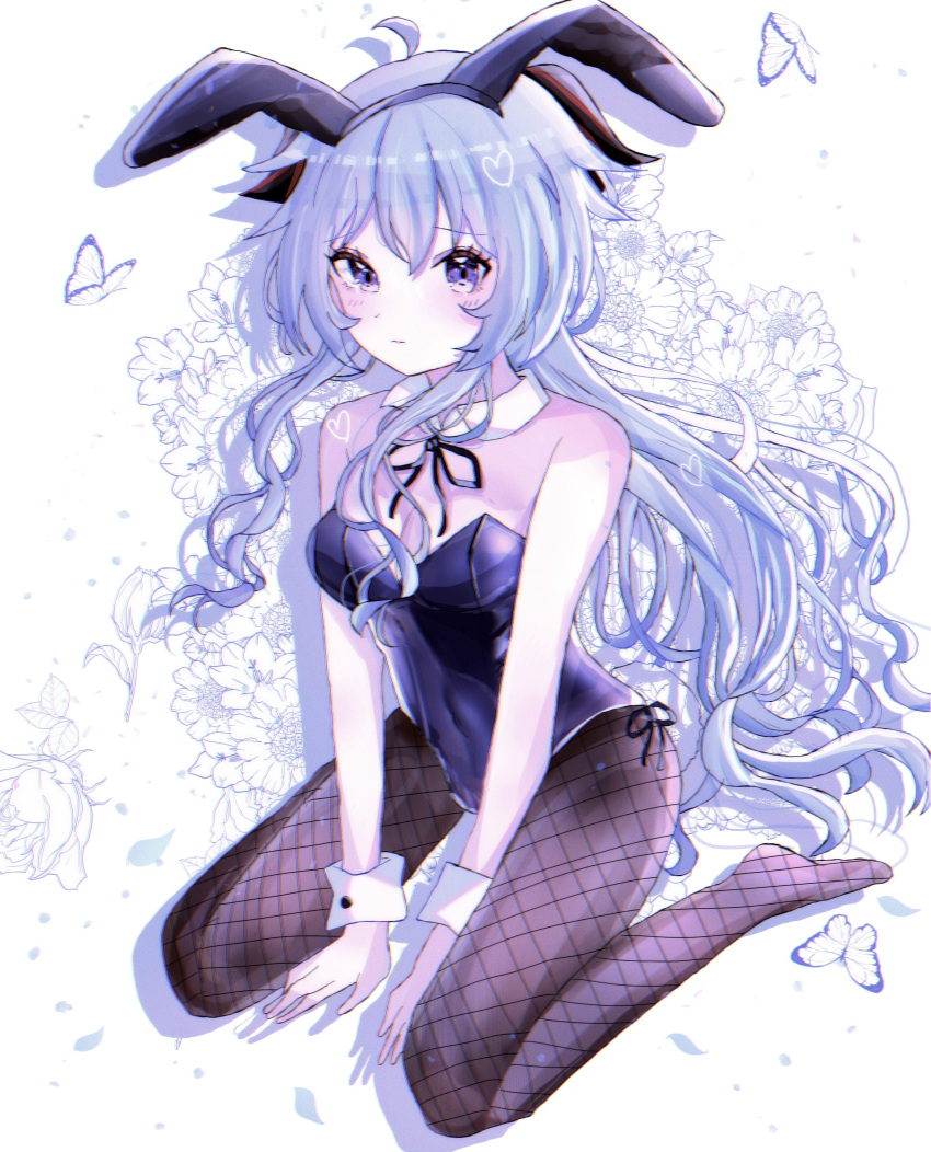 1girls adeptus artist_request blue_hair breasts bunny_ears bunny_girl bunny_tail bunnysuit fishnets ganyu_(genshin_impact) genshin_impact horns purple_eyes qilin w_sitting